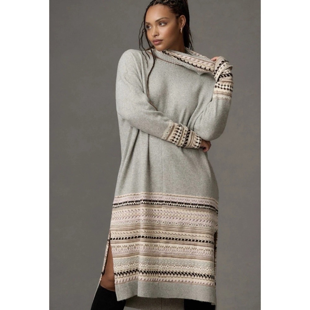 NEW Daily Practice Anthropologie Sweater Dress XS Grey Knit Fair Isle Nordic